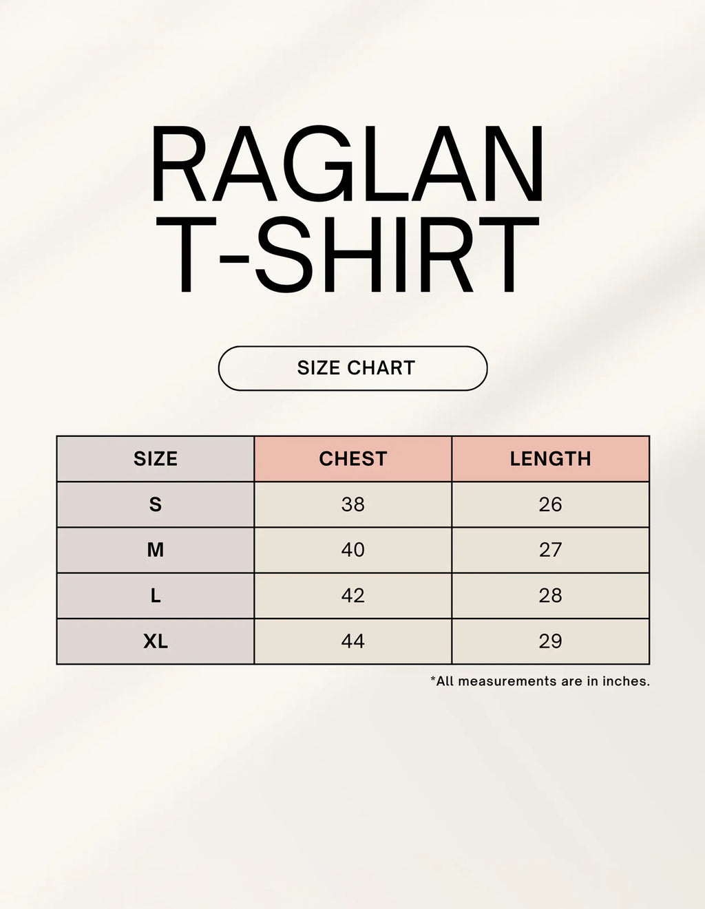 Nairove Closet raglan t-shirt size chart with chest and length in inches for S to XL.