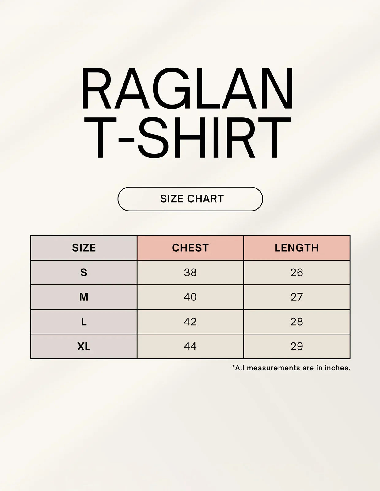 Nairove Closet raglan t-shirt size chart with chest and length in inches for S to XL.