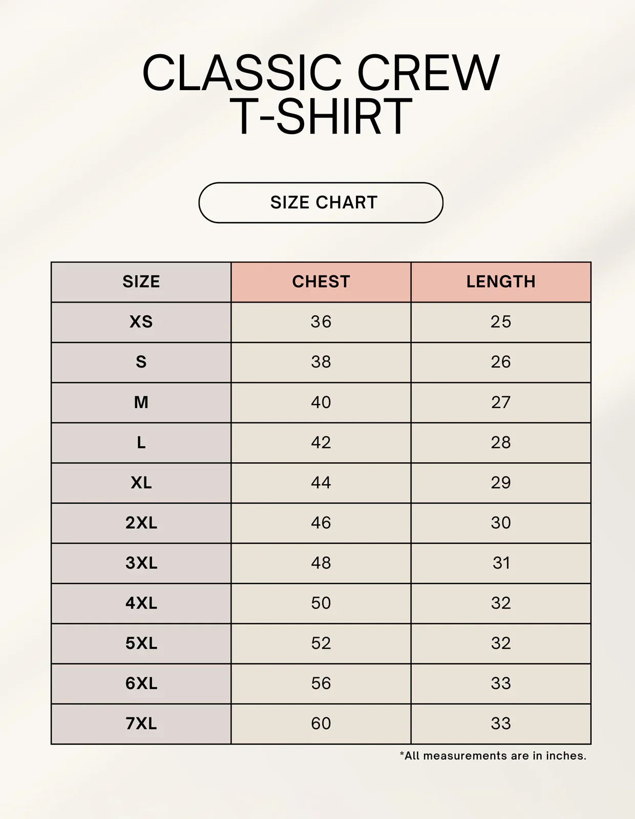 Classic crew T-shirt size chart with chest and length measurements, Nairove Closet fashion