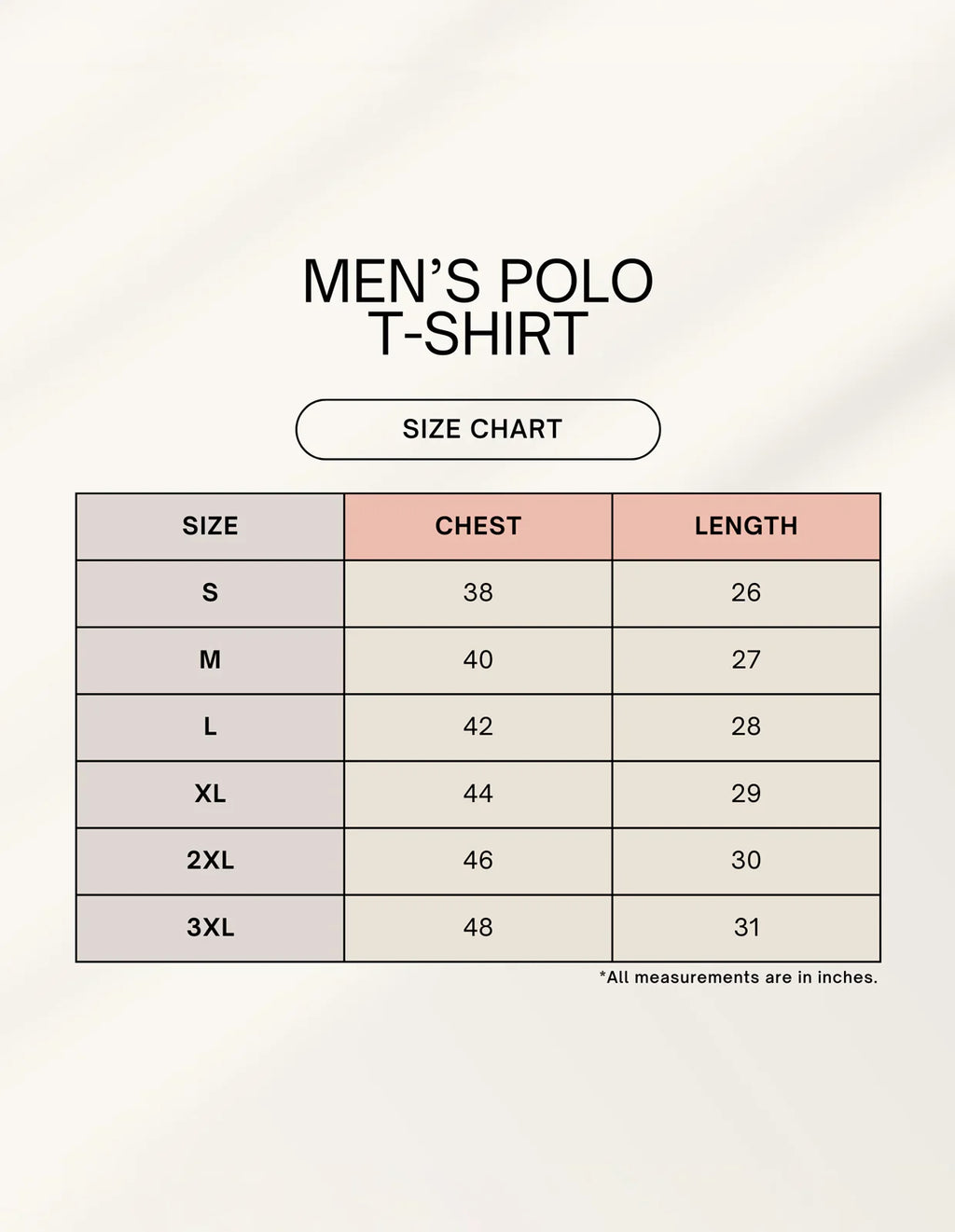 Nairove Closet men's polo t-shirt size chart with chest and length measurements in inches