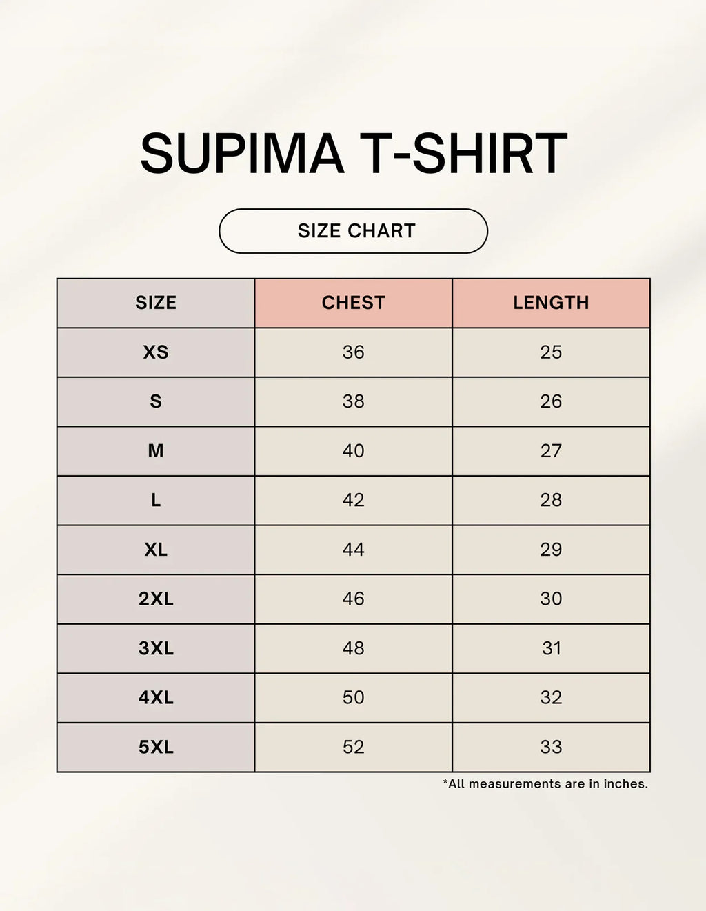 Supima T-shirt size chart with chest and length measurements, Nairove Closet apparel guide.
