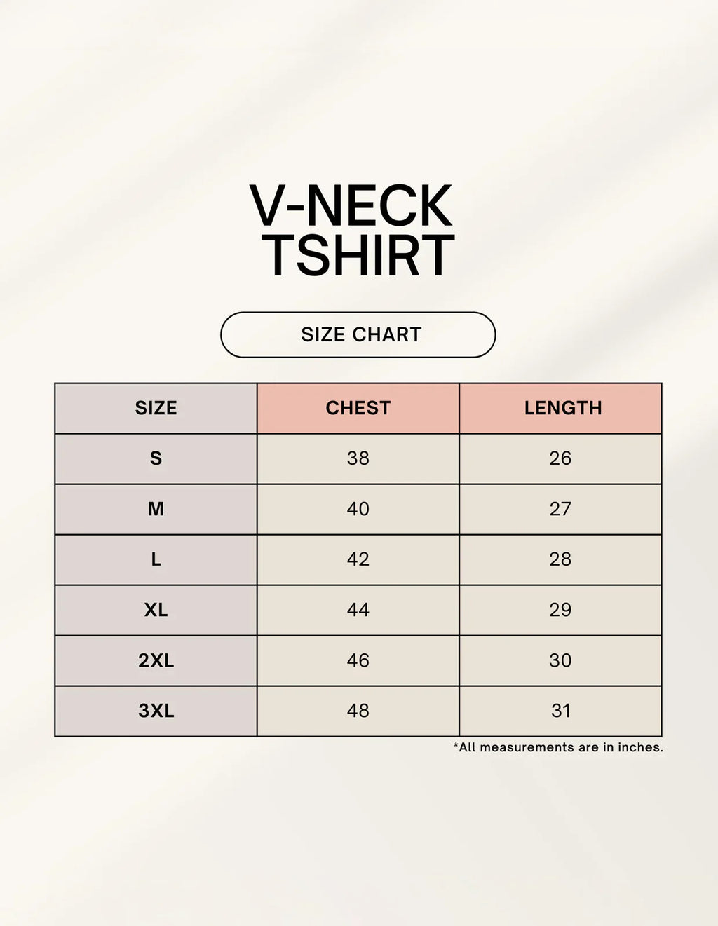 Nairove Closet V-neck t-shirt size chart with chest and length measurements in inches.