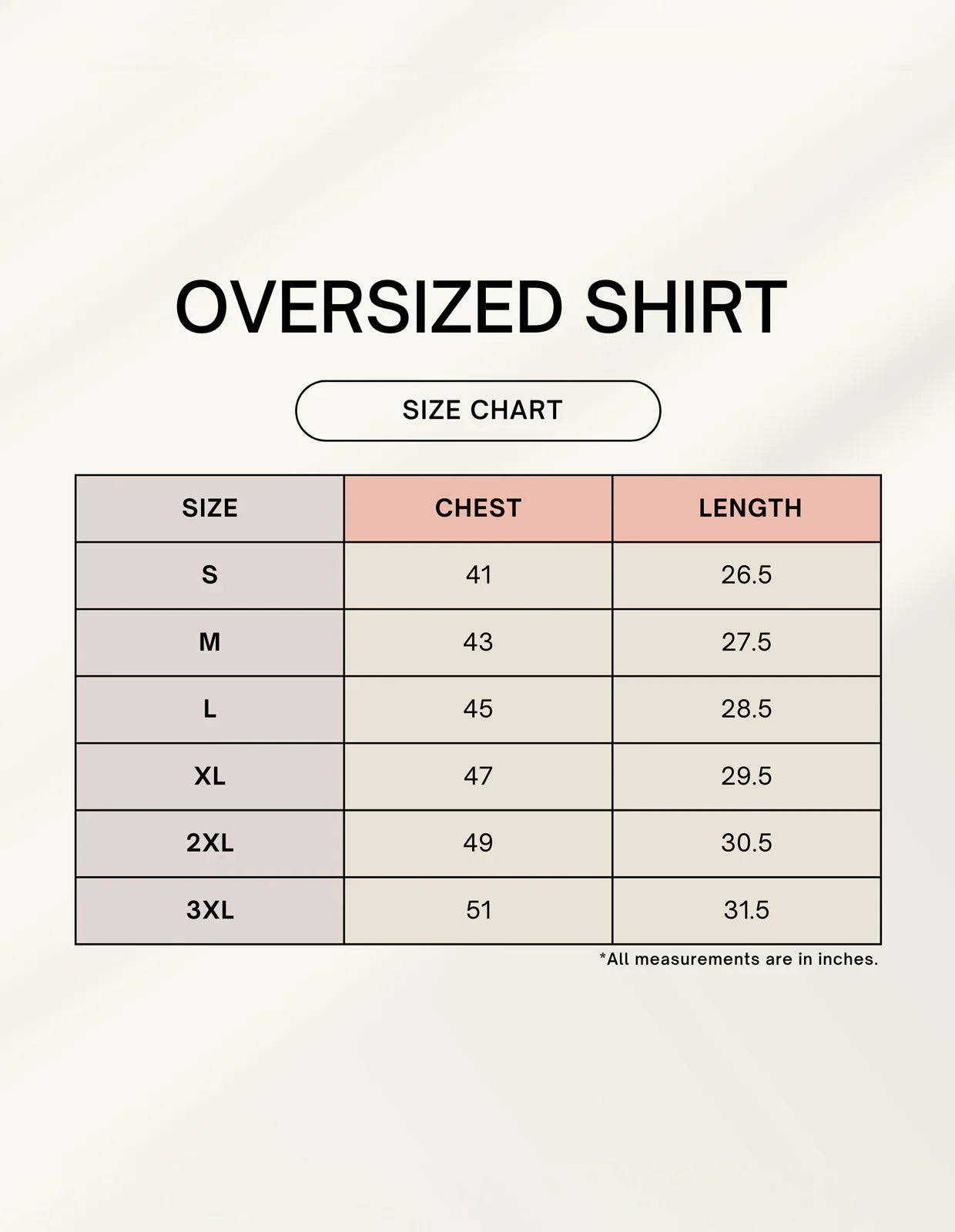 Nairove Closet oversized shirt size chart with chest and length measurements for S to 3XL.