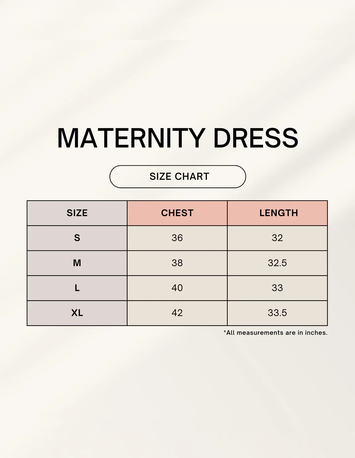 Nairove Closet maternity dress size chart with chest and length measurements for S to XL.