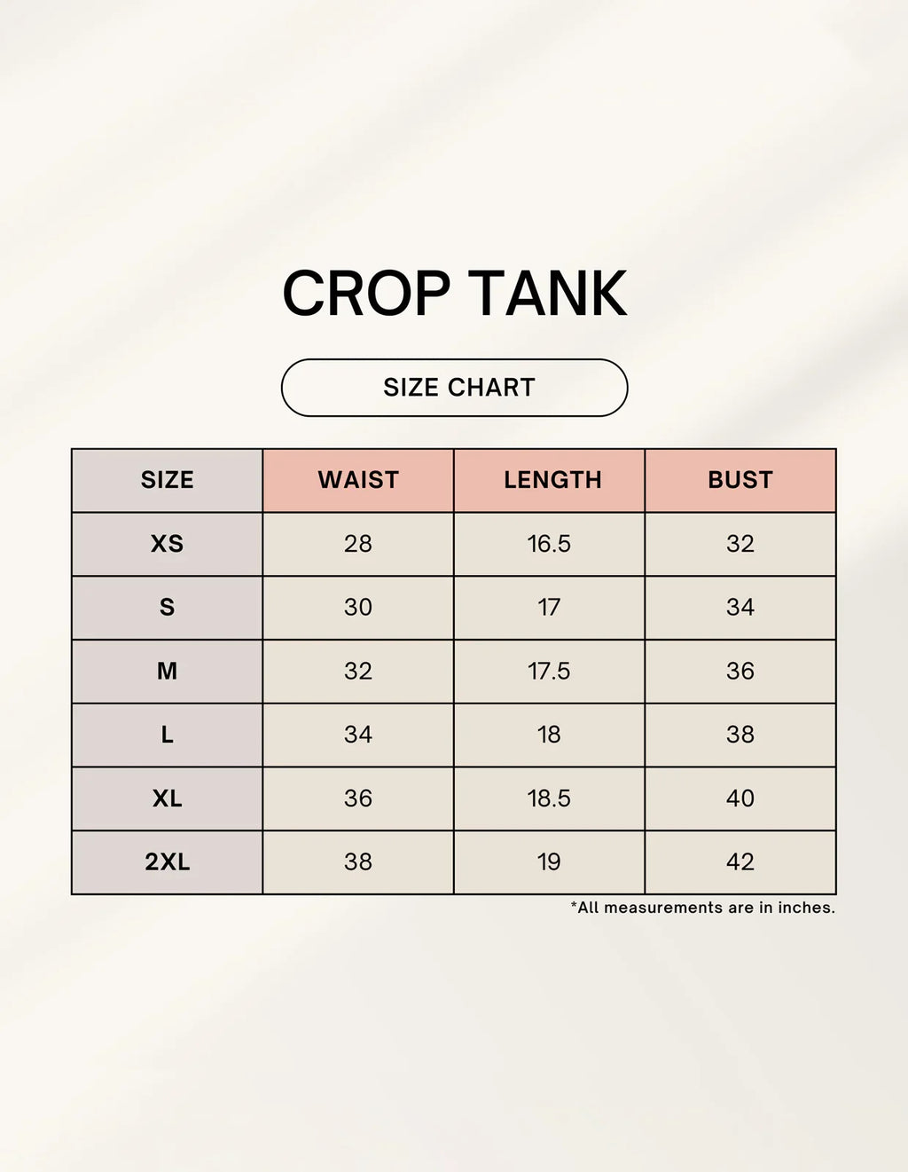 Crop tank top size chart with waist, length, and bust measurements in inches from Nairove Closet