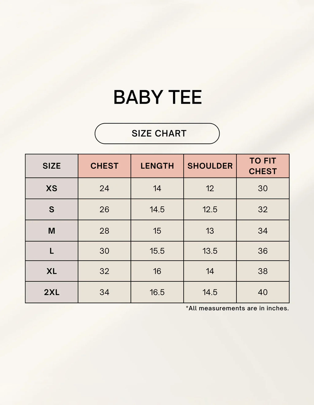 Nairove Closet baby tee size chart with chest, length, shoulder, and fit measurements in inches.