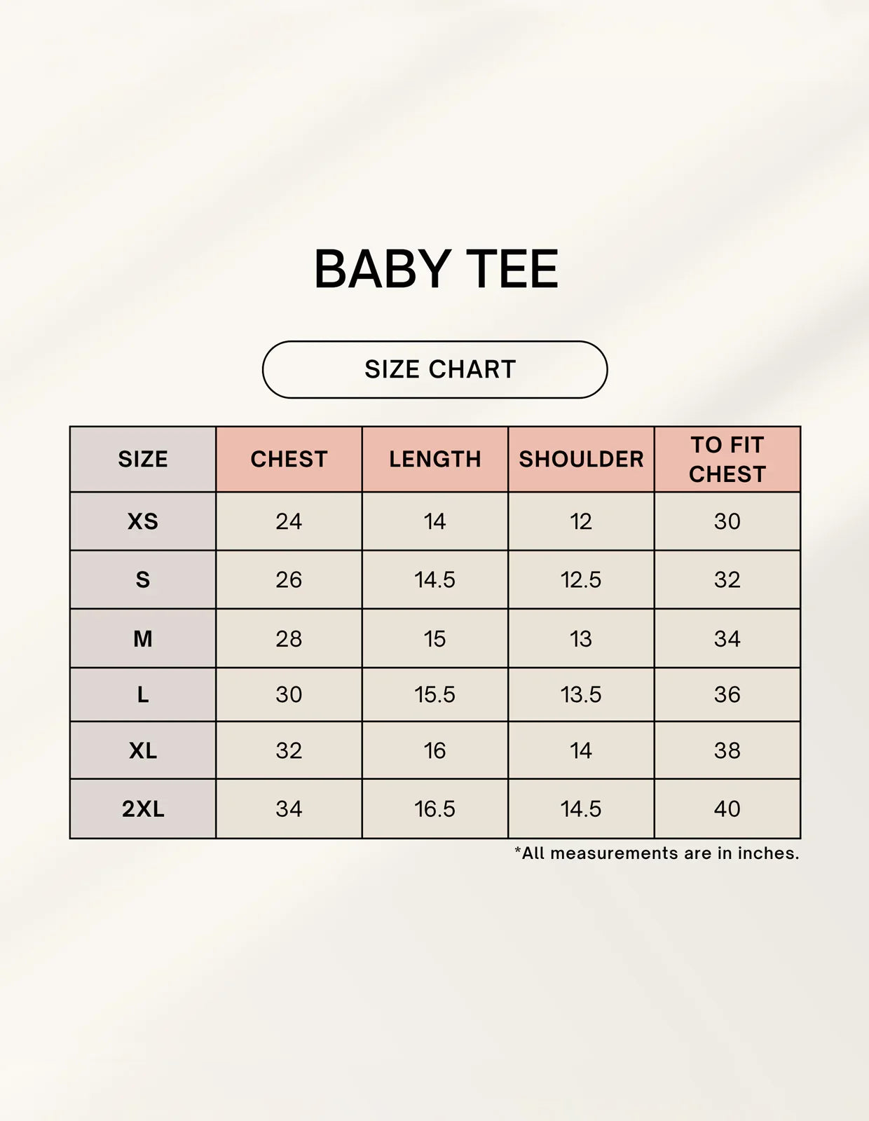 Nairove Closet baby tee size chart with chest, length, shoulder, and fit measurements in inches.