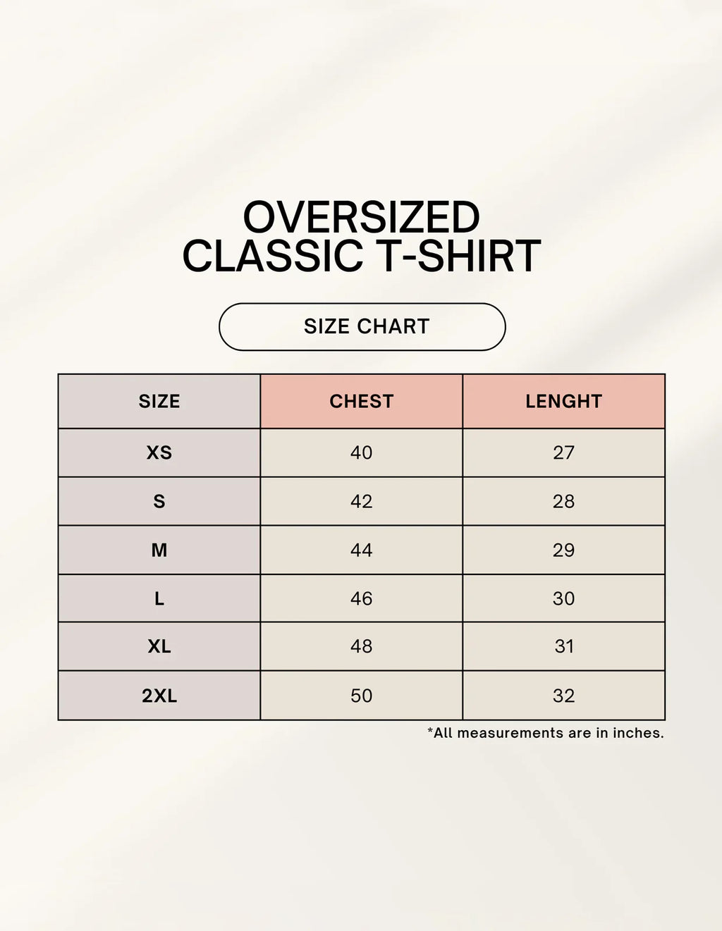 Nairove Closet oversized classic T-shirt size chart with measurements in inches