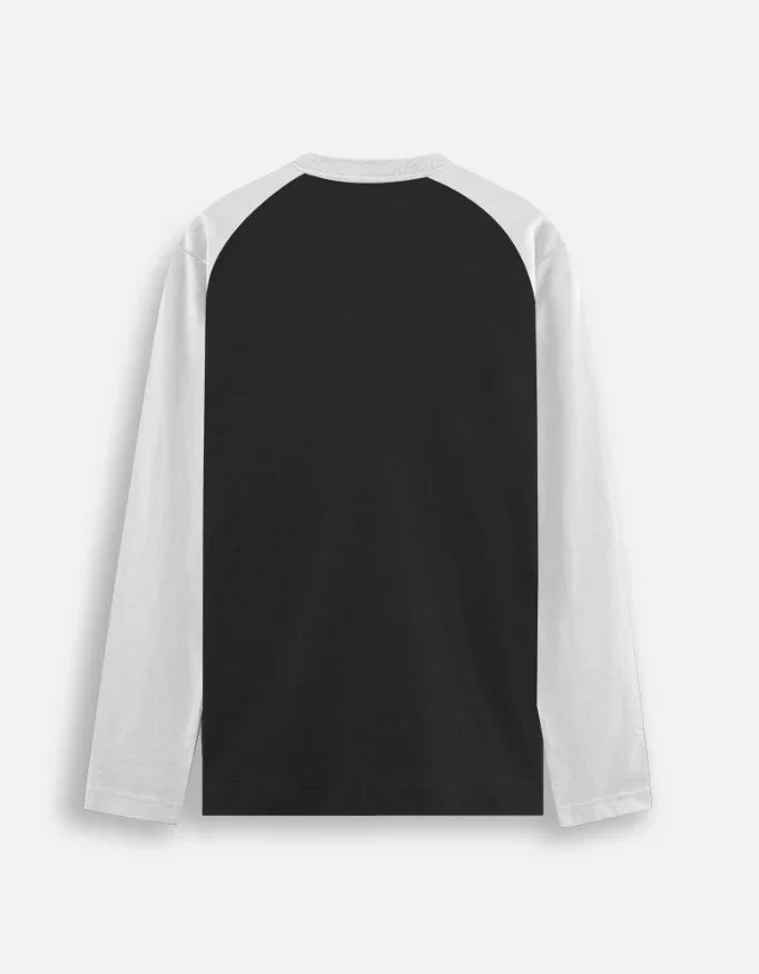 Nairove Closet black and white long sleeve raglan shirt, back view, on white background