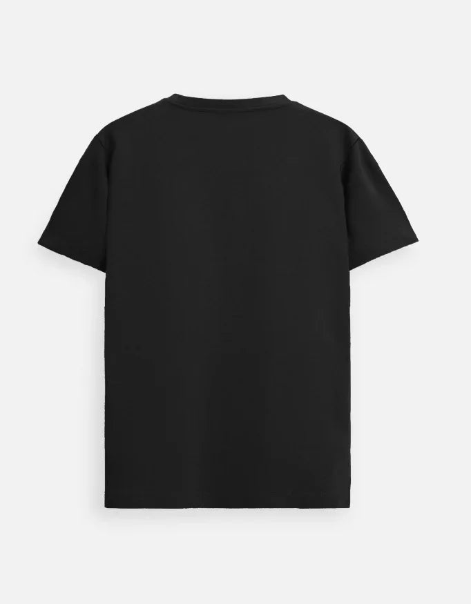 Back view of a plain black t-shirt from Nairove Closet on a white background