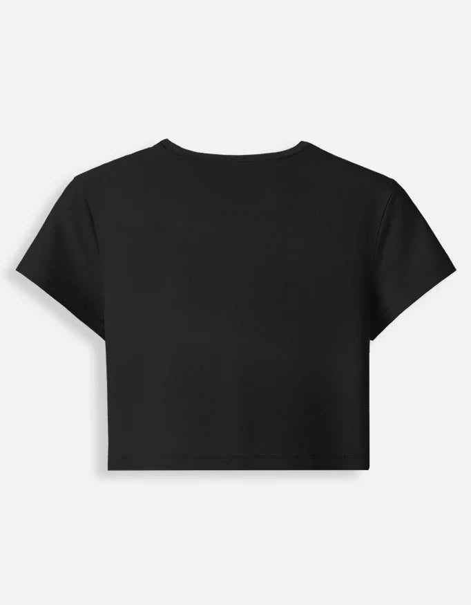 Back view of black short sleeve crop top, Nairove Closet trendy women’s fashion