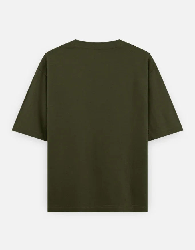 Back view of plain olive green oversized t-shirt, Nairove Closet fashion collection