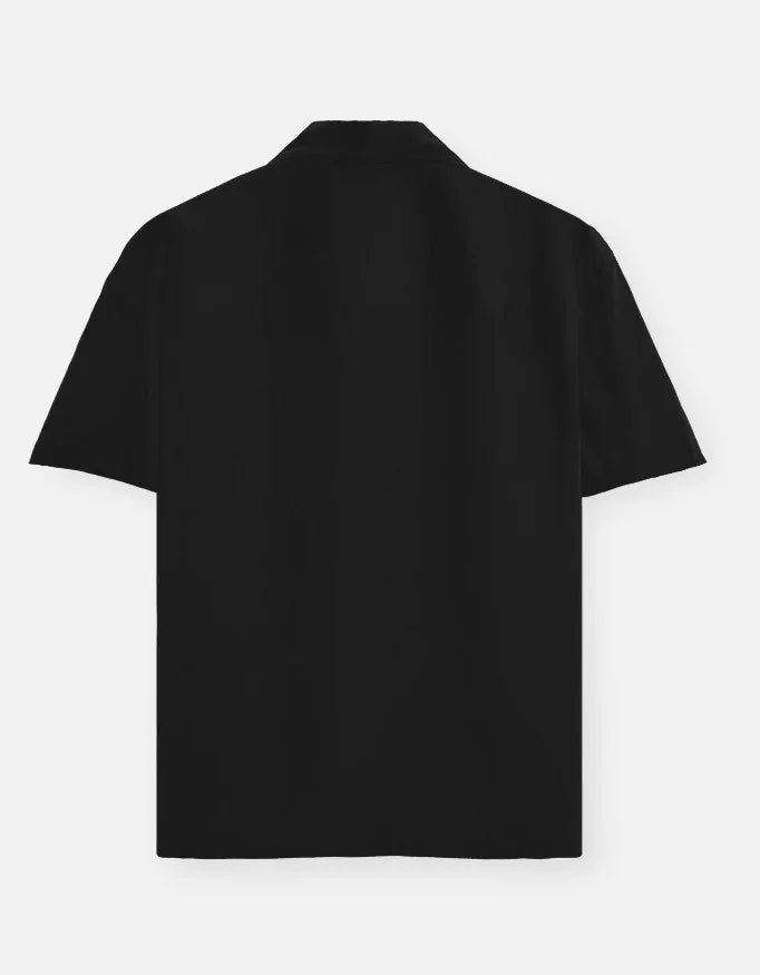 Back view of black short-sleeve shirt, Nairove Closet modern minimal fashion