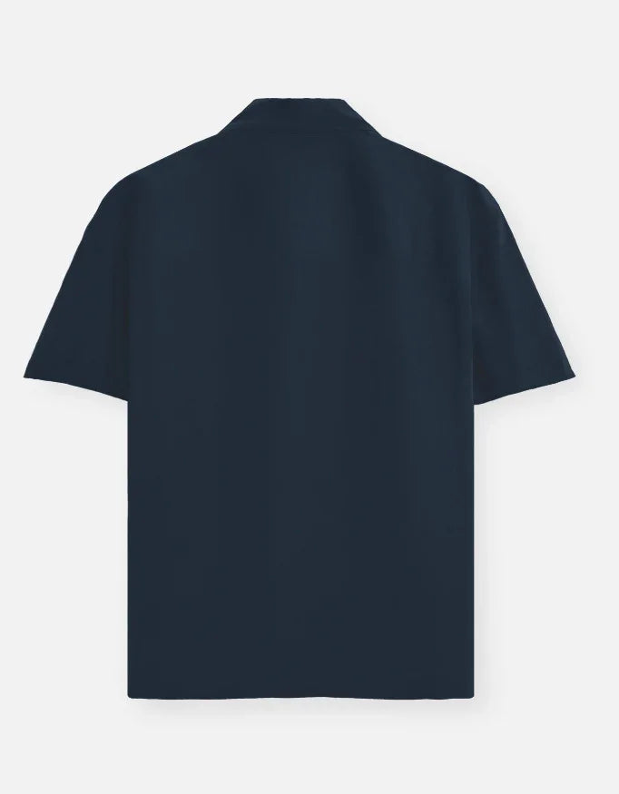 Back view of navy blue short sleeve shirt, Nairove Closet modern menswear
