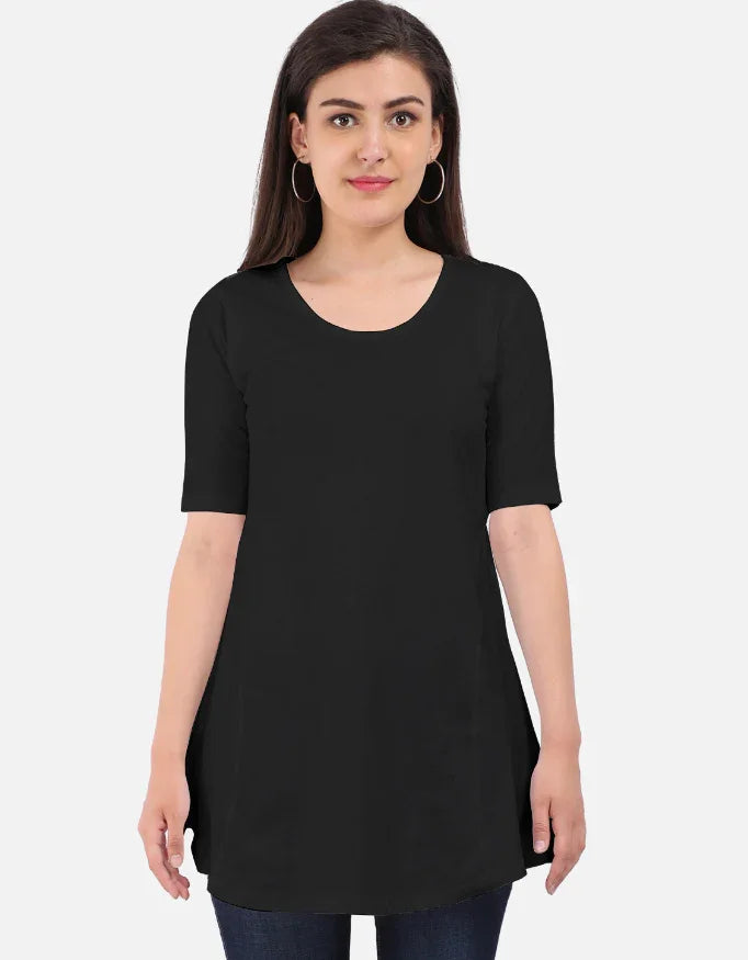 Woman wearing black tunic top from Nairove Closet, front view on white background