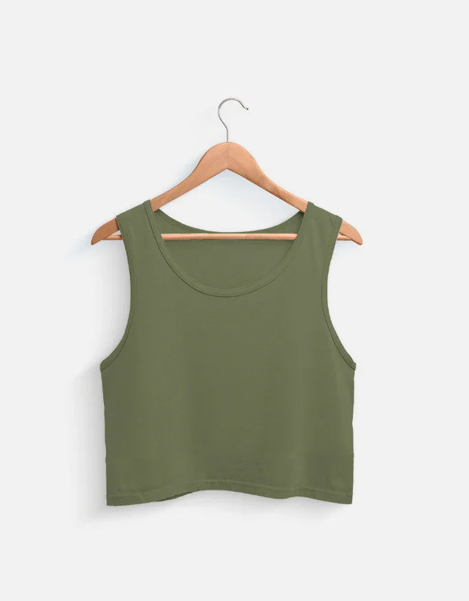 Olive green sleeveless crop top on wooden hanger, Nairove Closet trendy women's fashion