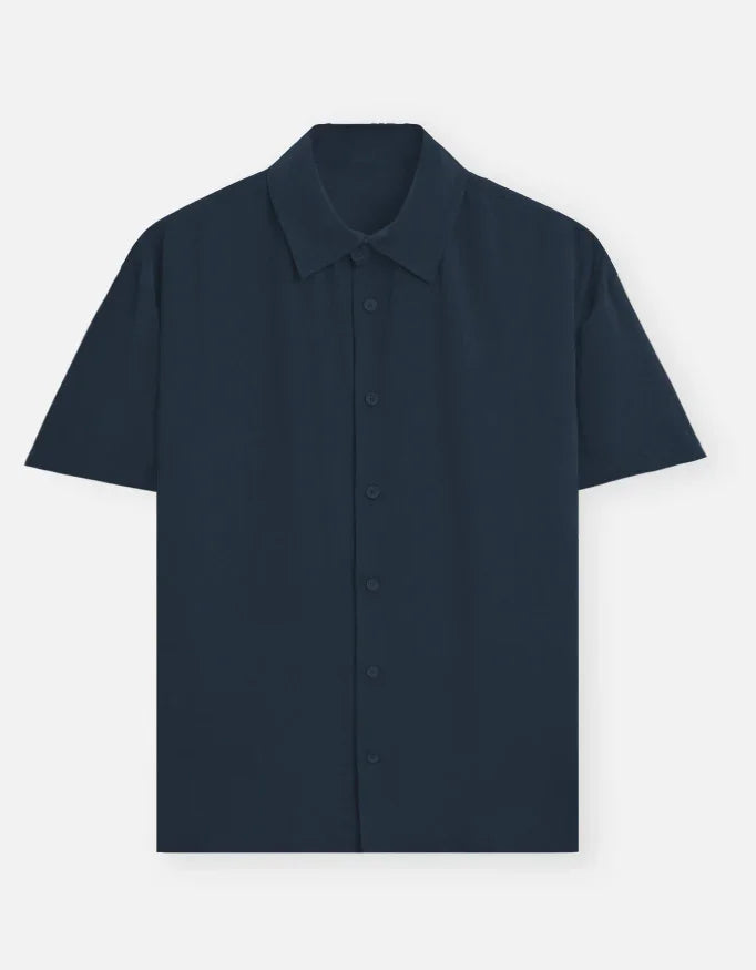 Nairove Closet navy blue short-sleeve button-up shirt, classic collar, front view
