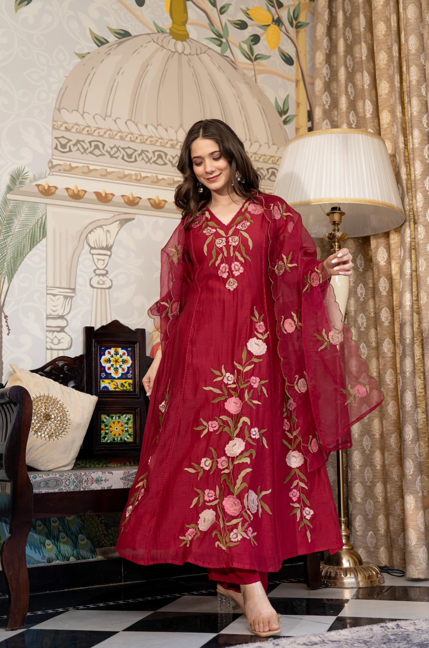 Maroon Embroidered Kurti Set