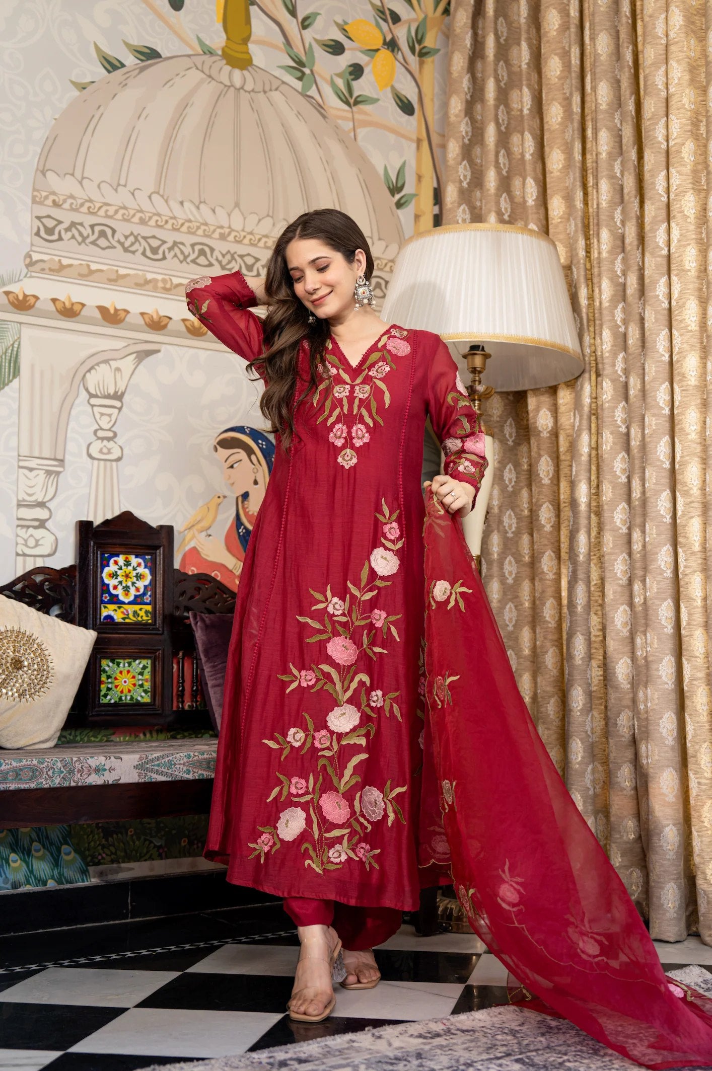 Maroon Embroidered Kurti Set