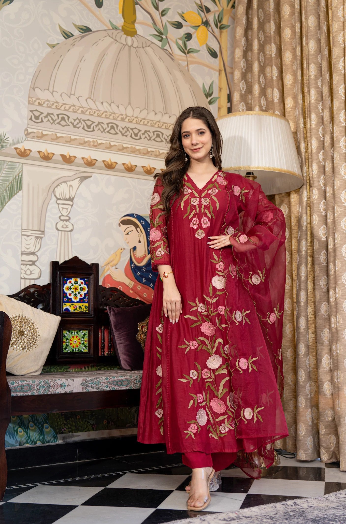 Maroon Embroidered Kurti Set