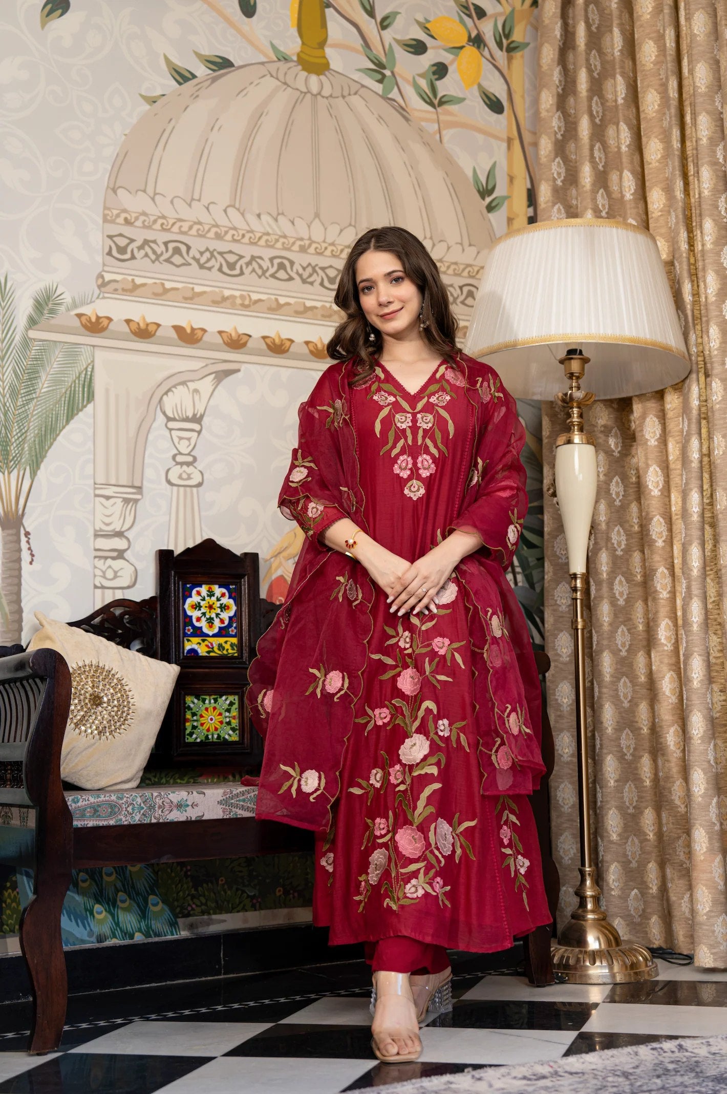 Maroon Embroidered Kurti Set