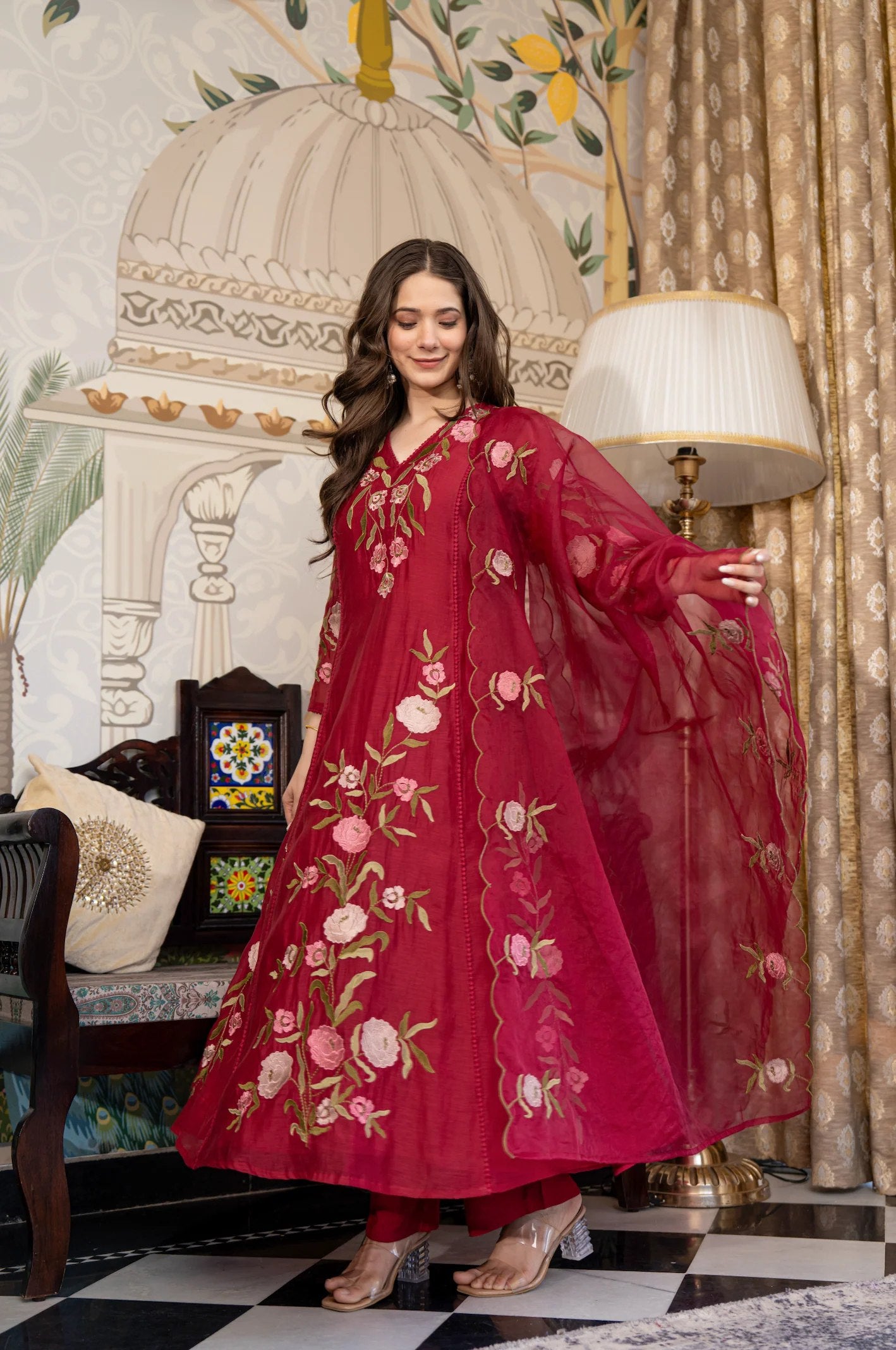 Maroon Embroidered Kurti Set