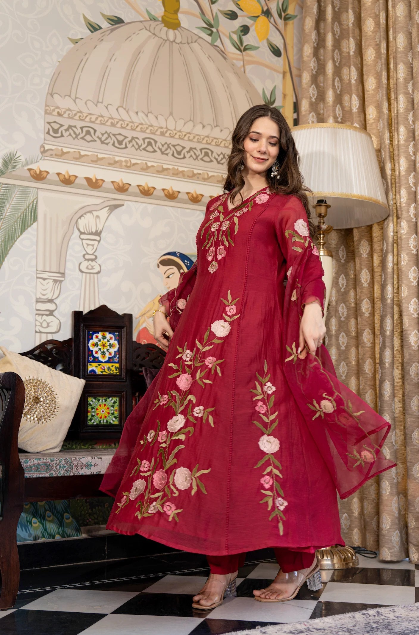 Maroon Embroidered Kurti Set