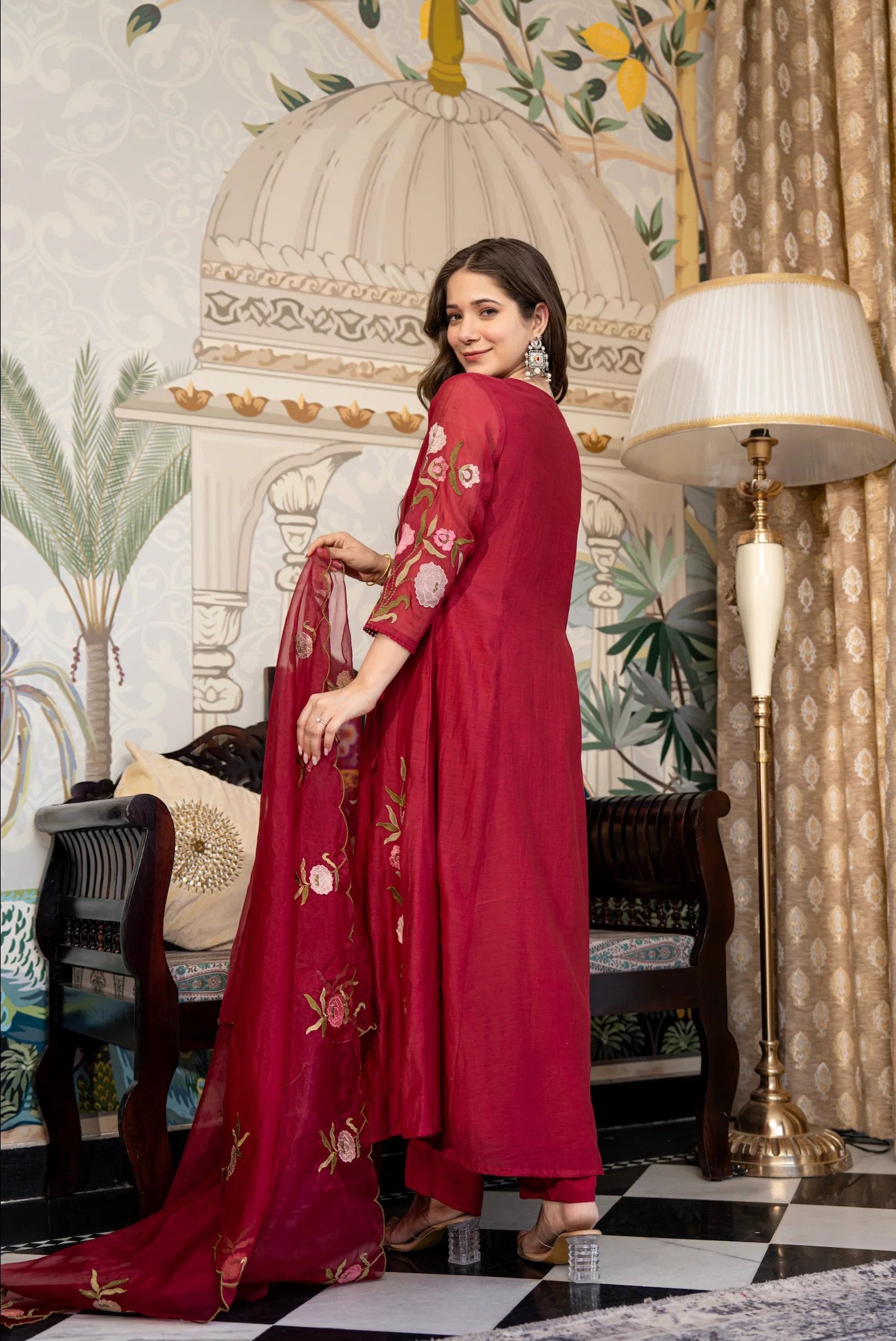Maroon Embroidered Kurti Set