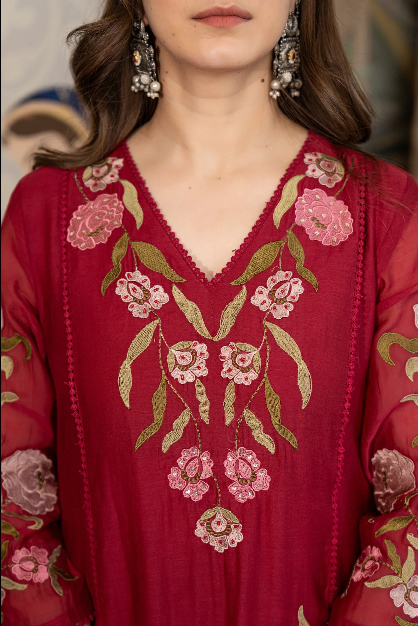 Maroon Embroidered Kurti Set