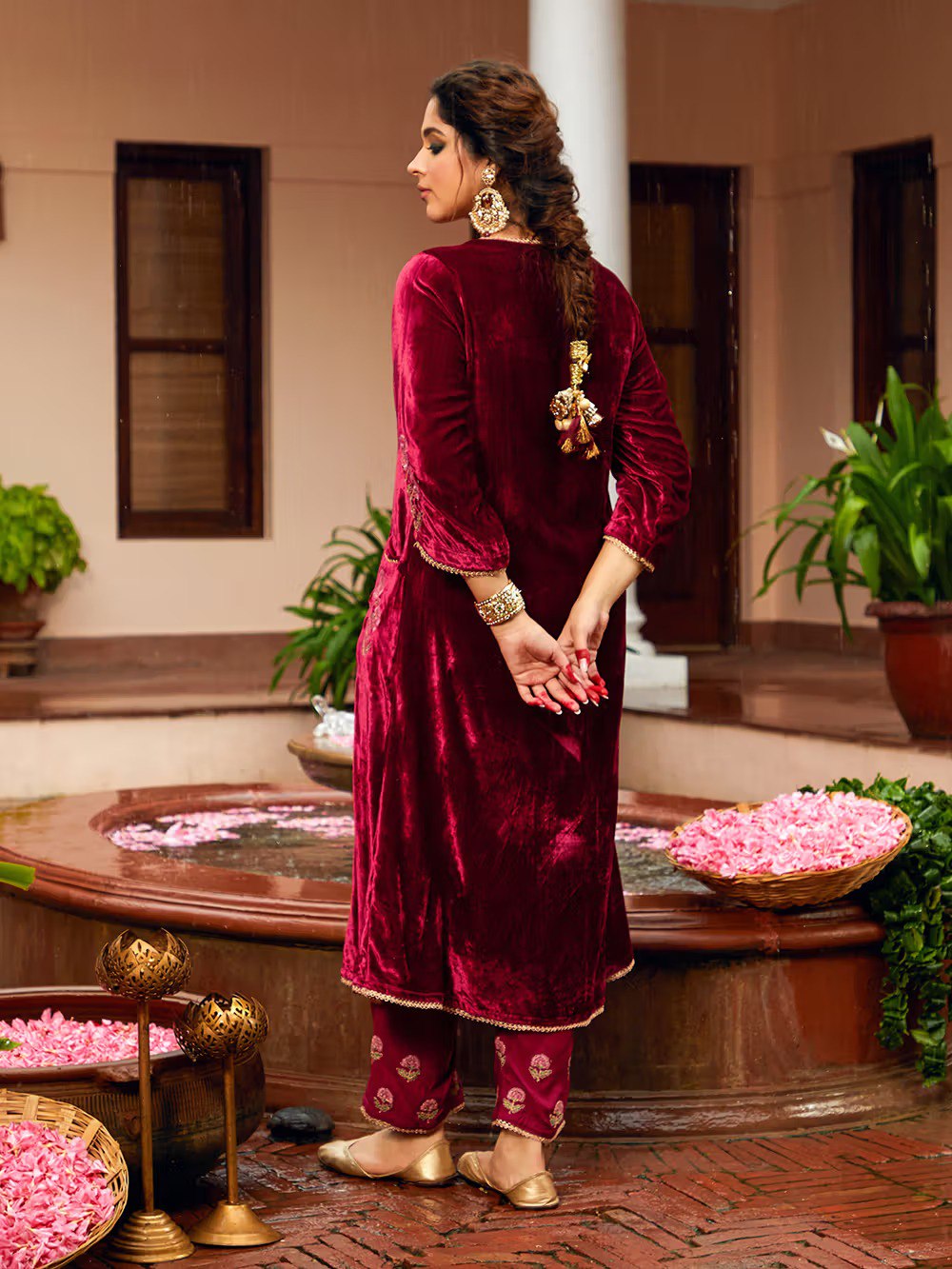 Velvet Red Kurti Set