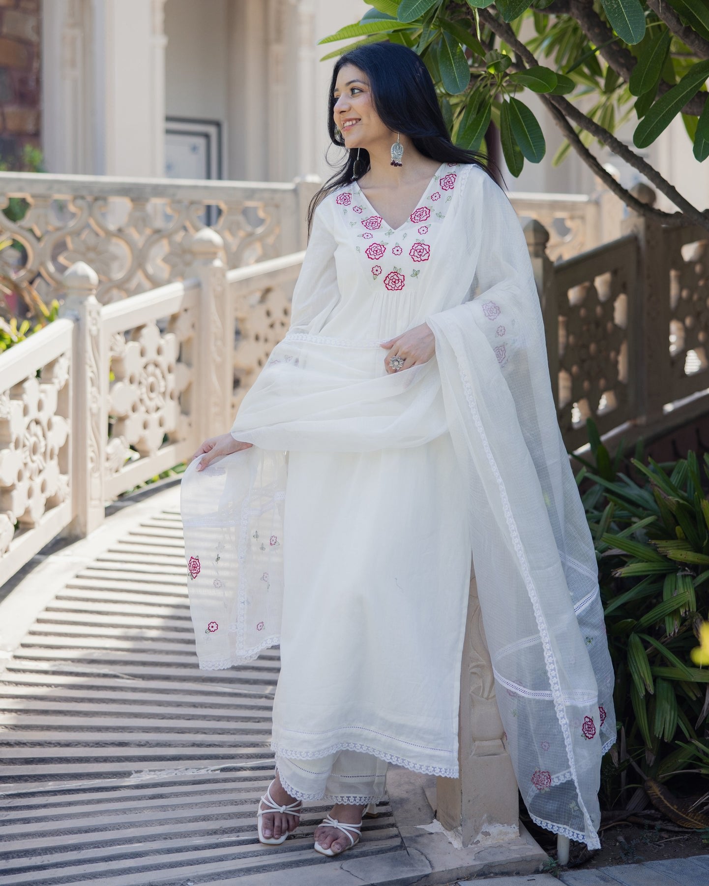 White Chanderi Kurti Set