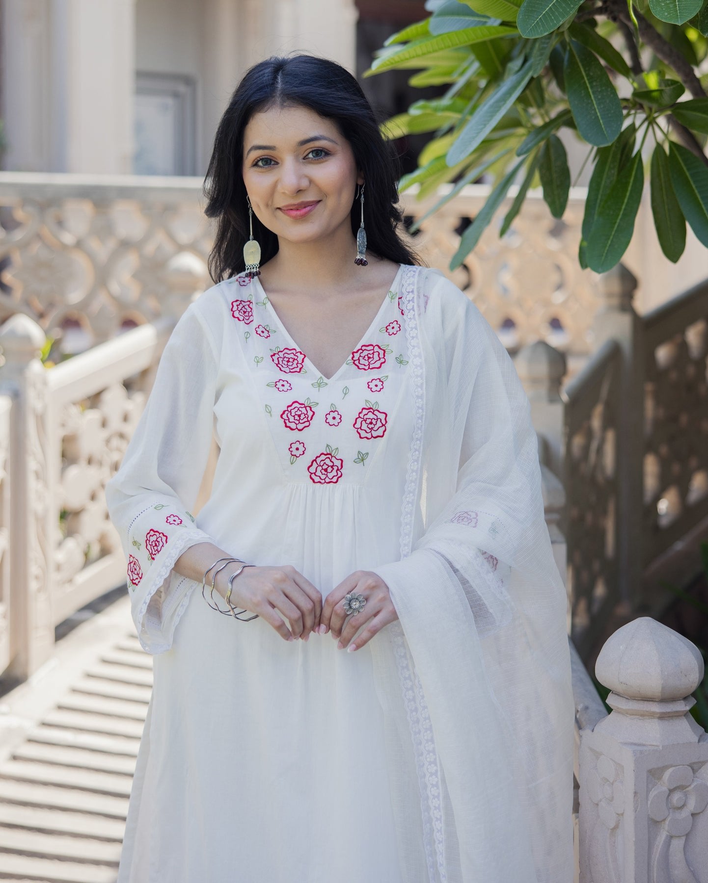 White Chanderi Kurti Set