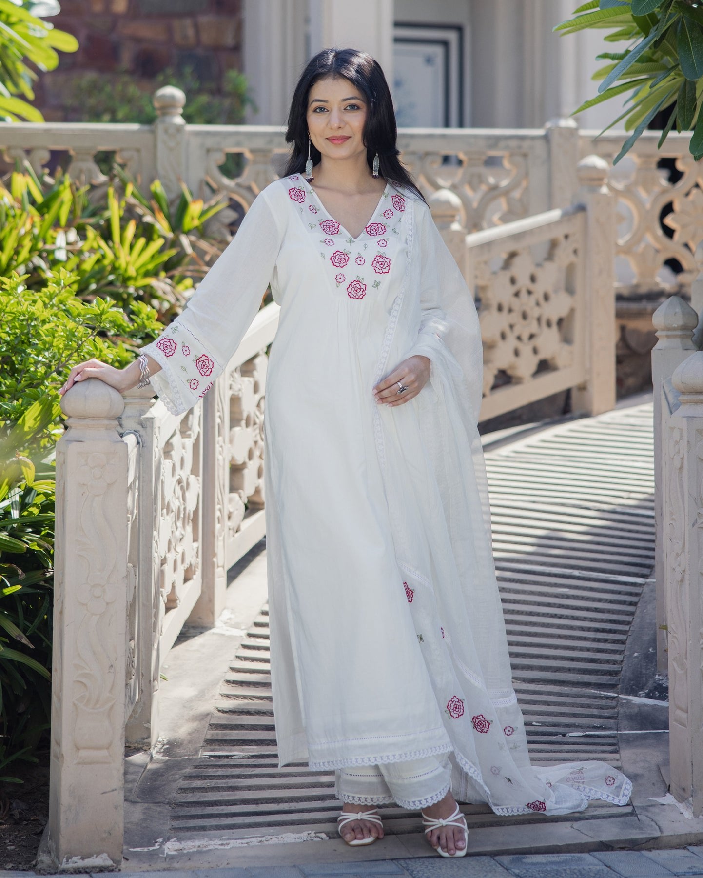 White Chanderi Kurti Set