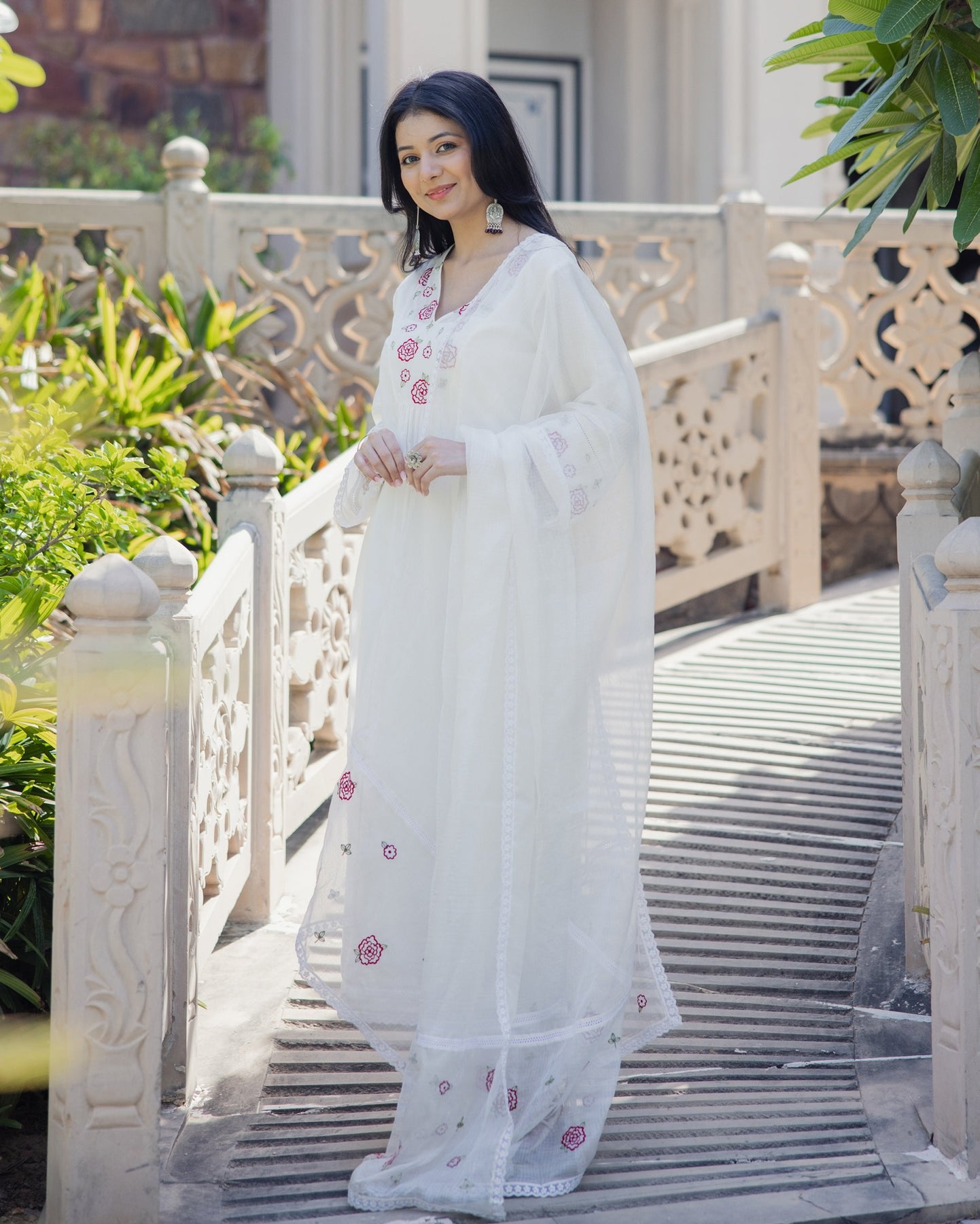White Chanderi Kurti Set