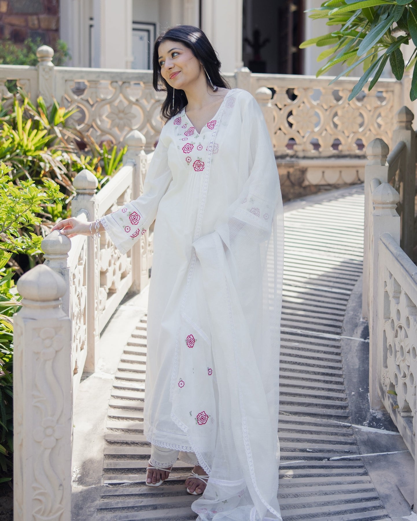 White Chanderi Kurti Set