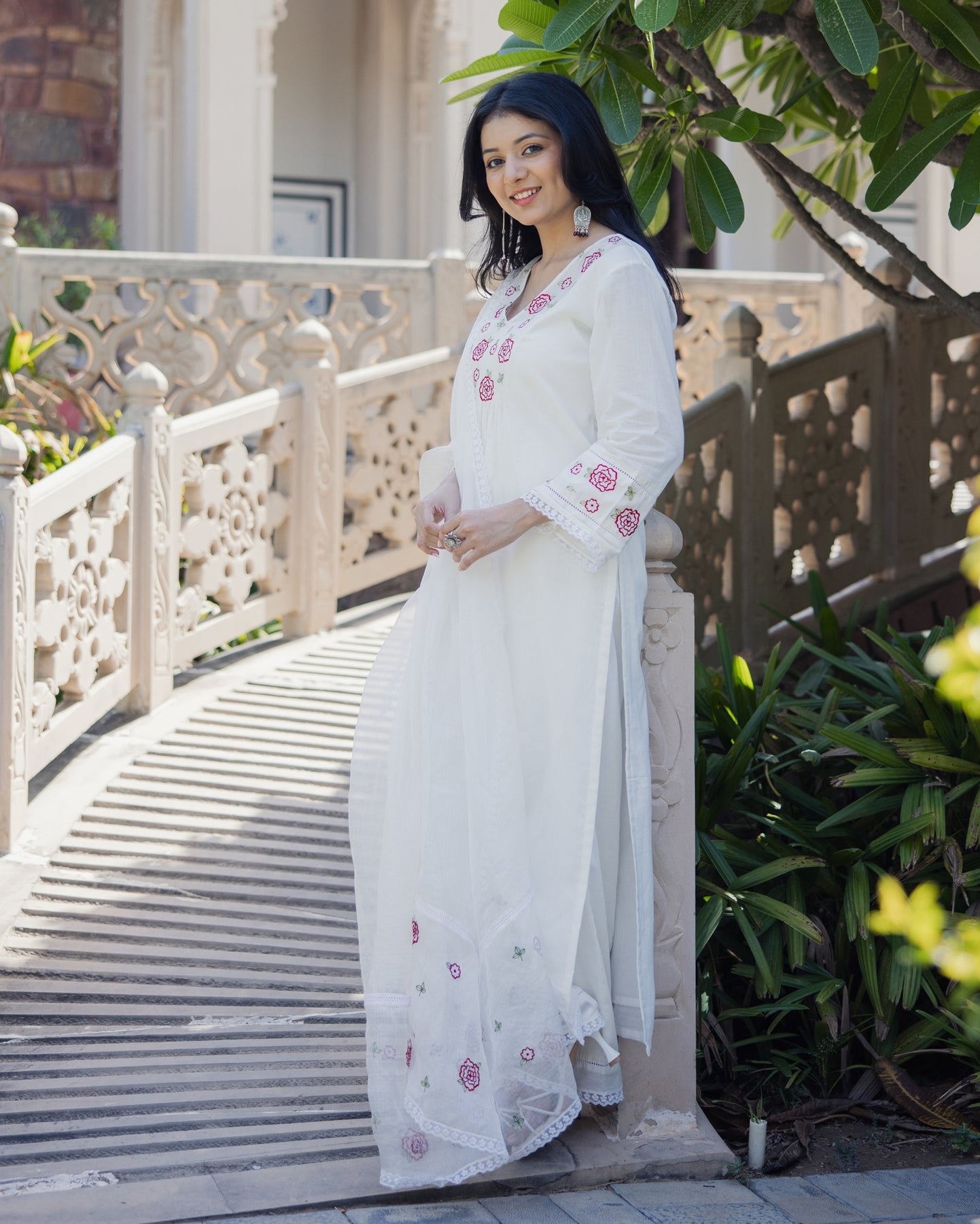 White Chanderi Kurti Set
