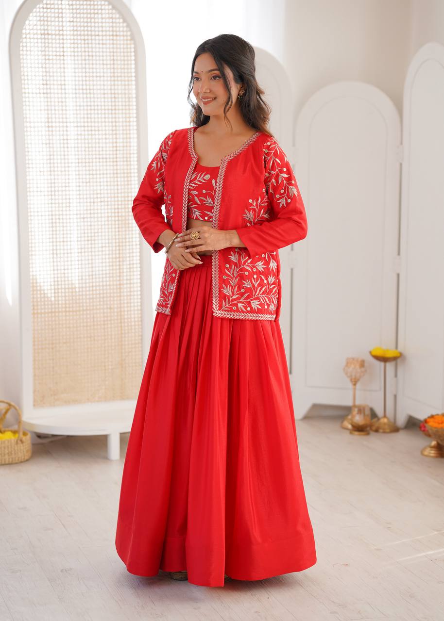 Red Chinon Lehenga