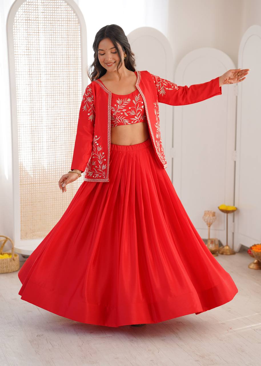 Red Chinon Lehenga
