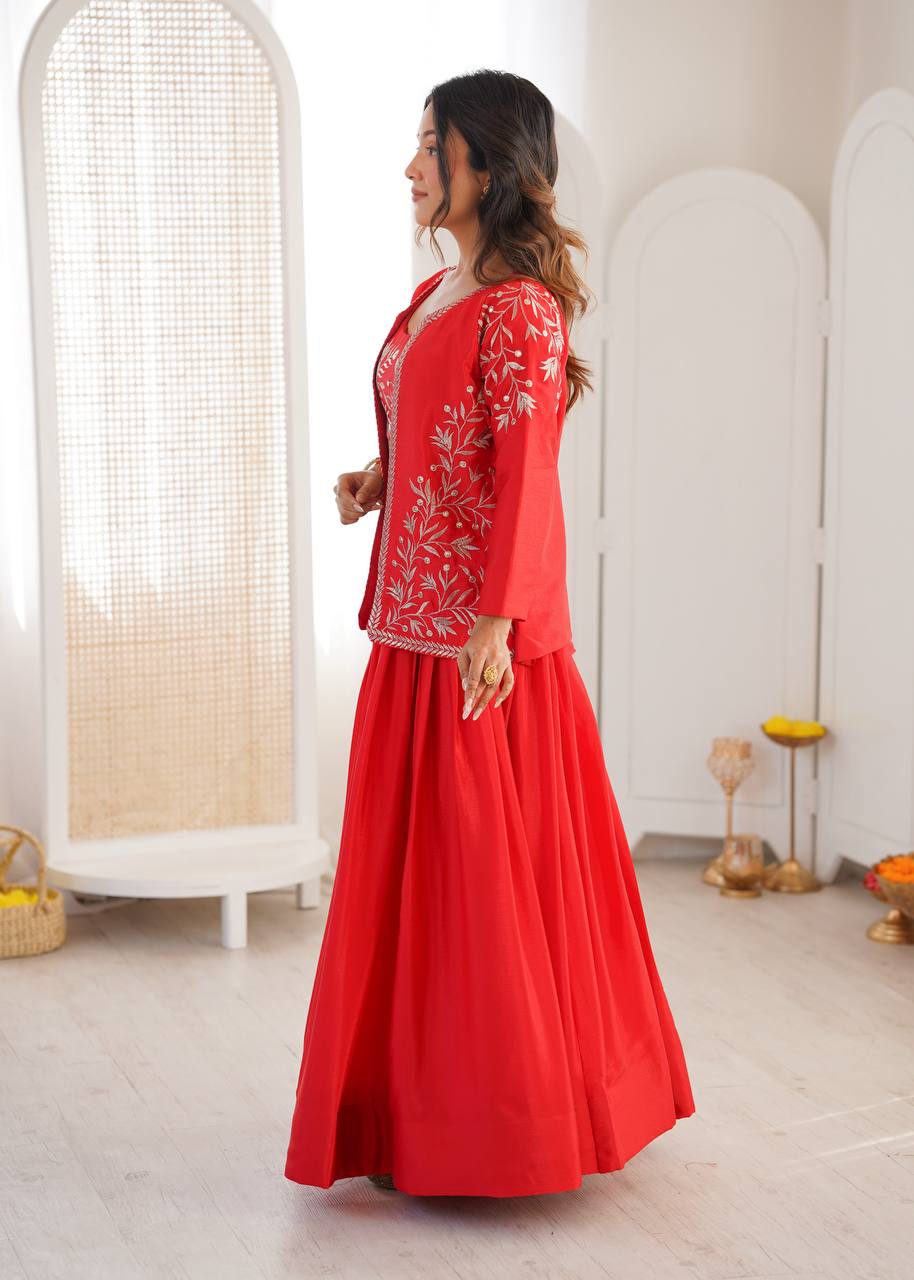 Red Chinon Lehenga