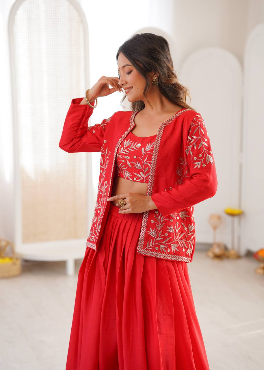 Red Chinon Lehenga